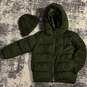 The Children’s Place Dark Green Puffer Jacket with Matching Beanie